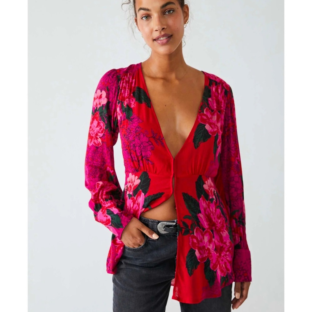 Free People Red and Pink Floral tunic